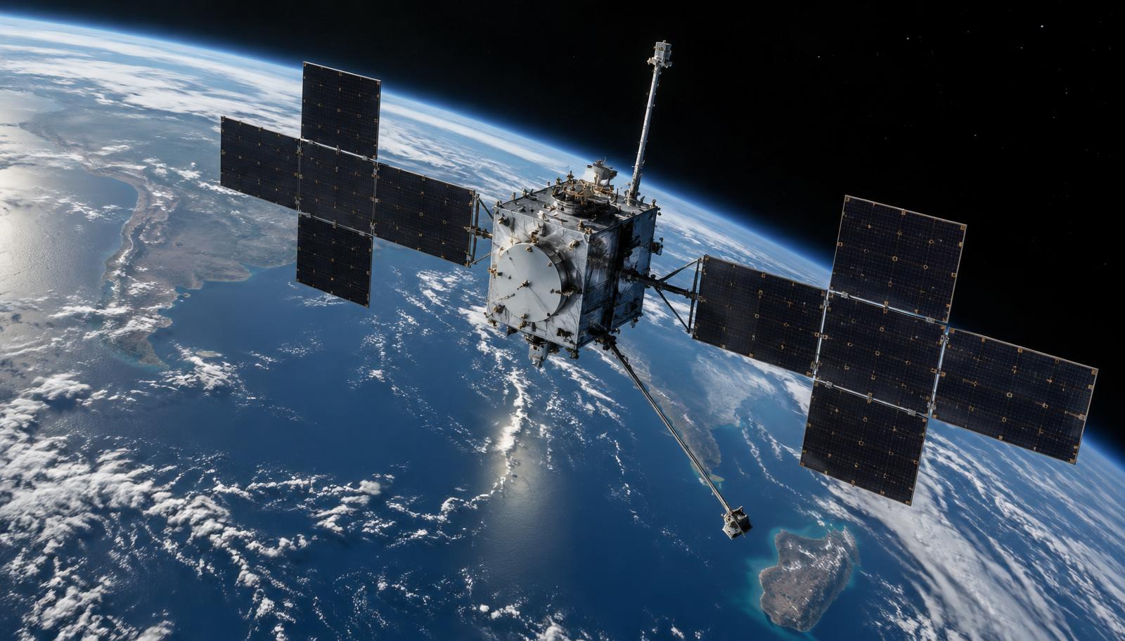 Juice spacecraft passing above Earth’s curved horizon during a gravity-assist flyby.